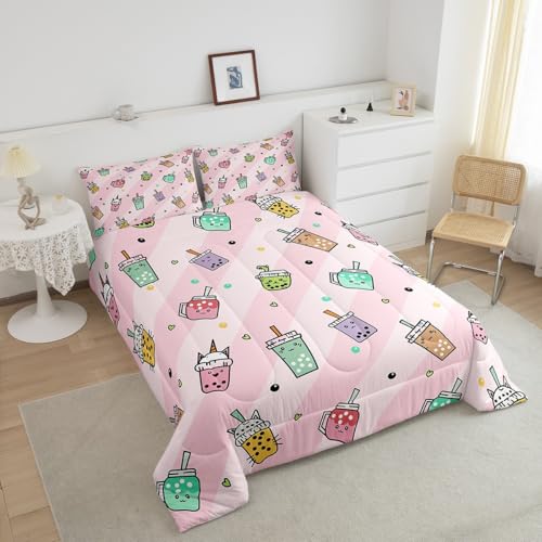 Image of Feelyou Kids Milk Tea Comforter Set Full Size, Cute Bubble Bedding Set Bubble Tea Comforter for Boys Girls Kawaii Duvet Insert Bed Set 3Pcs