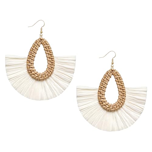 Statement Raffia Tassel Earrings Boho Summer Beach Earrings Lightweight Straw Wicker Dangle Drop Earrings Trendy Rattan Fringe Jewelry for Women
