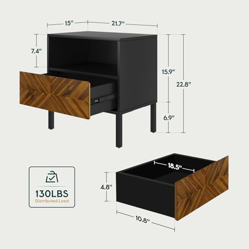 Image of Bme Vivian Side Tables Bedroom, Solid Wood Bed Side Table, Mid Century Modern End Table with Drawer, Herringbone Pattern, Compact for Bedroom & Living Room, Easy Assembly, Chestnut