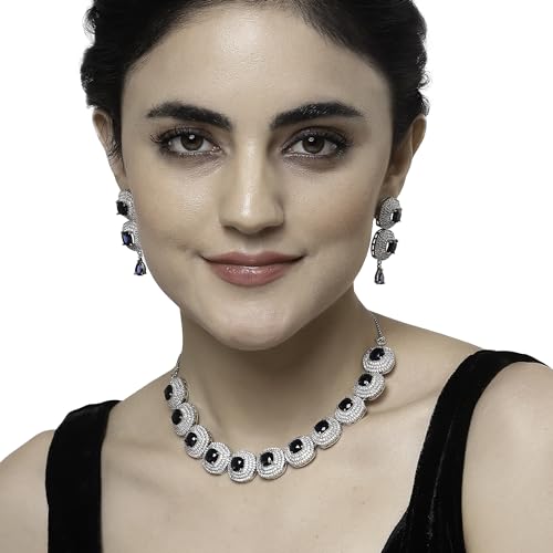 Image of ZENEME Rhodium Plated Silver Toned Triangular Shaped American Diamond Studded Jewellery Set For Women and Girl