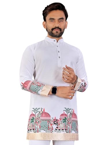 Image of Men's Cotton Silk Kurta with Jacquard Work Full Sleeves Floral Printed Side Slit and Mandarin Collar Neck | Kurta Pajama Set for Men Cotton Wedding | Short Kurta for Men