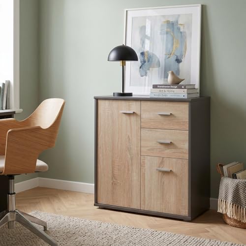 IDIMEX Buffet Salle à Manger Remy L 60 cm Coloris Gris et Sonoma avec 2 Portes et 2 tiroirs bahut Bas Meuble de Rangement Style Moderne Commode vaisselier 60...