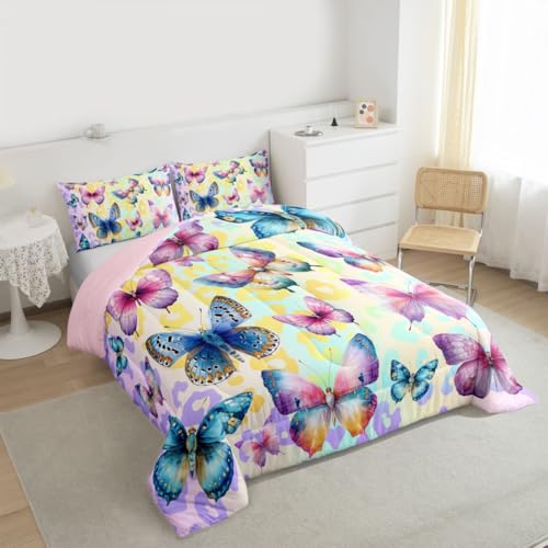 Image of Erosebridal 3D Flying Butterfly Queen Comforter Set for Kids Teens Adults,Gradient Leopard Print Bedding Set,Colorful Butterflies Duvet Insert,Cottagecore Wildlife Bed Set for All Season