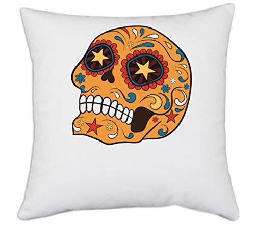 UDNAG White Polyester 'Illustration | Orange Yellow Sugar Skull' Pillow Cover [16 Inch X 16 Inch]