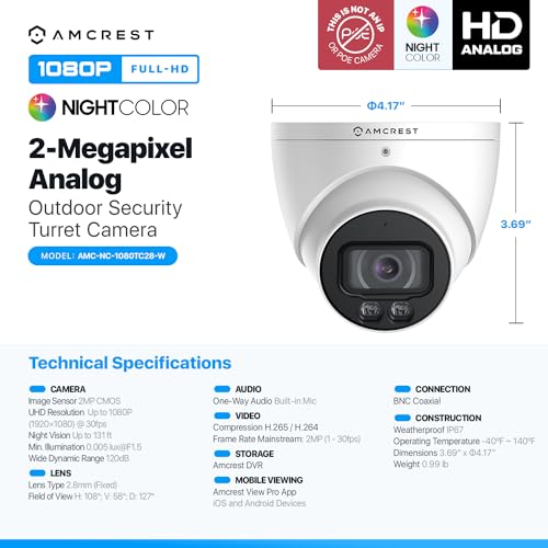 Amcrest Night Color Turret Analog Camera W/ 131Ft Full Color Nightvision, Security Camera Outdoor For Cctv Dvr thumb #6