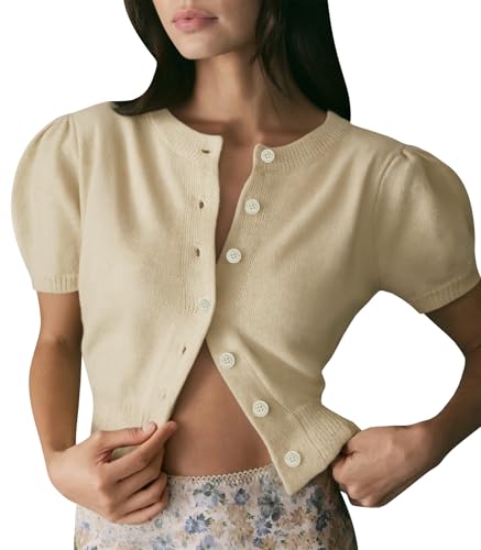 Image of Womens Puff Short Sleeve Cardigan Sweaters Cropped Button up Lightweight Y2k Knit Summer Cardigans
