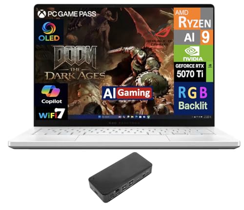 Image of ASUS ROG Zephyrus AI Gaming Laptop 14.0 inch 120Hz OLED 2.8K Display (AMD Ryzen AI 9 HX 370, GeForce RTX 5070 Ti 12GB, 32GB LPDDR5X, 4TB PCIe SSD, RGB KB, WiFi 7, Webcam, Win 11 Pro) w /USB-C Dock