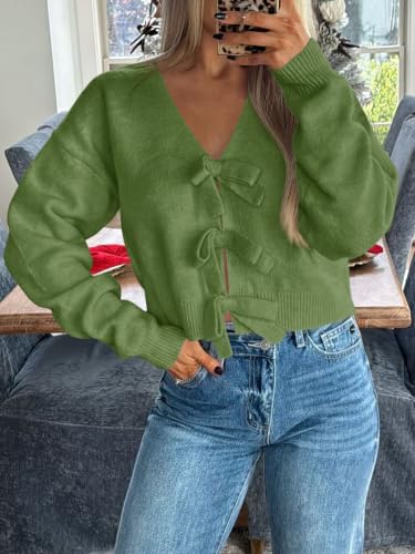 Image of Saodimallsu Womens Bow Sweater Cropped V Neck Long Sleeve Pullover Tops