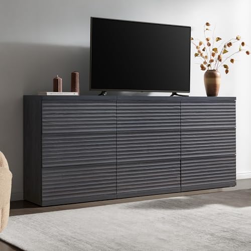 Image of SICOTAS Buffet Cabinet with Storage, Modern Accent Sideboard Credenza with 3 Larger Drawers, Fluted Media Console Mid Century Coffee Bar Table for Living Room Kitchen, Dark Grey Alder (4 PCS)
