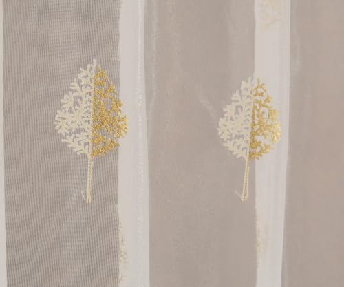 Image of Fabrilia Embroidered Tree Pattern Tissue Net Sheer Curtains for Window | Transparent Curtain with Elegant Leaf Tree Embroidery | Cream | 5 feet | Set of 2