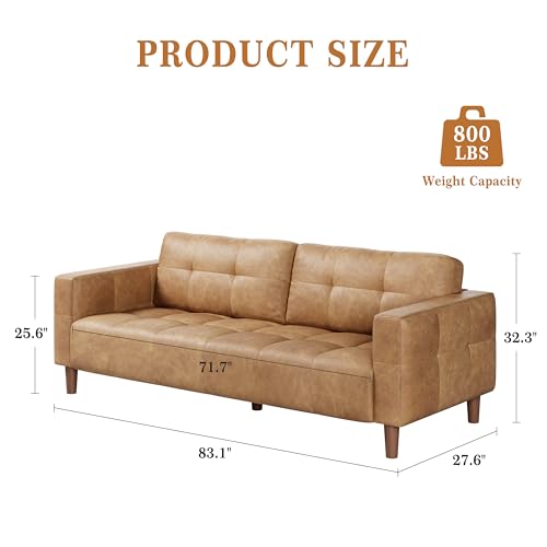Image of GarveeHome 3-Seater Sofa Couch, 83 in Wide Faux Leather Sofa Couch with Spring Cushion, Modern Sofa with Deep Seats and 2 Removable Back Cushions, for Living Room, Bedroom, Apartment, Office, Brown
