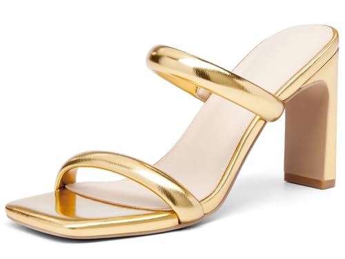 Coutgo Womens Square Open Toe Heeled Sandals Two Strap High Heel Backless Dress Slip On Mules