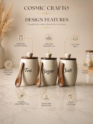 Image of Ceramic Airtight Tea Coffee Salt Canister Set of 3 (Dholak Spoon)