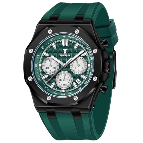 TYBERLEY Reloj de cuarzo para hombre, 41 mm, cronógrafo, impermeable, correa de goma, luminoso, informal, deportivo, verde, Moderno TYBERLEY Reloj de cuarzo para hombre, 41 mm, cronógrafo, impermeable, correa de goma, luminoso, informal, deportivo, verde, Moderno
