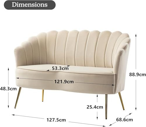 Image of Velvet 2 Seater Sofa Upholstered Loveseat Couch with Metal Legs Arm Backrest for Living Room Bedroom (Beige)