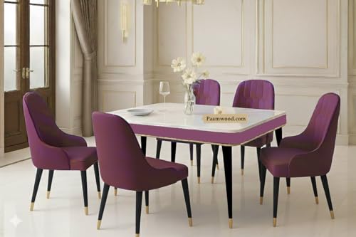 Image of Swiss Modern Dining White Marble Top Table Set with Sheesham Wood Legs, 6 Seater with Upholstered Chairs (71x36x30 Inches) (Maroon)