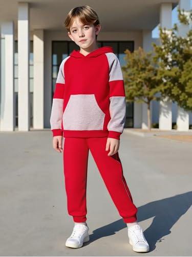 Image of 5-11Y Boys Clothes Long Sleeve Hooded Pullover Colorblock Sweatshirt + Pants 2pcs Fall Winter Outfit Set