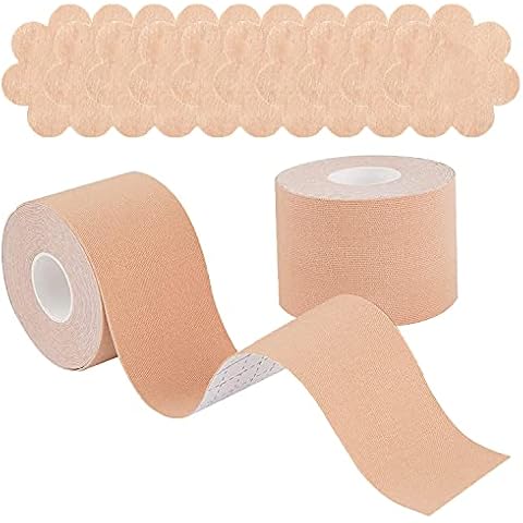 HHOOMY Boob Tape,Bob Tape for Large Breasts,2 Pcs Booby Tape with 10 Pcs Nipple Covers, Breast Lift Support Tape Nude DIY Breast Job for A-Dd and E Cup Big Breasts (2 rolls x 5m length) Cover