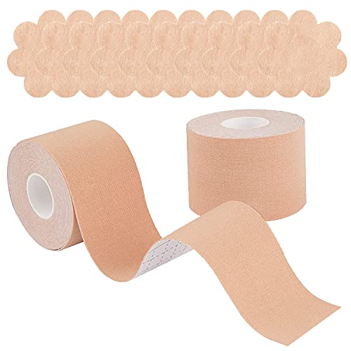 Lot de 2 rubans adhésifs pour gros seins avec 10 cache-tétons - Couleur chair - Pour travaux manuels - Pour gros seins A-Dd et E Cup (2 rouleaux x 5 m de longueur), nude, taille unique