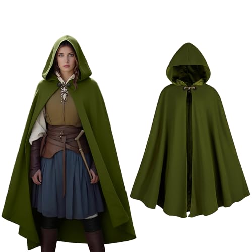 KDAFJLKD Women's Hooded Velvet Cloak, Renaissance Medieval Buckle Cape,Halloween Costume Cloak (Green)