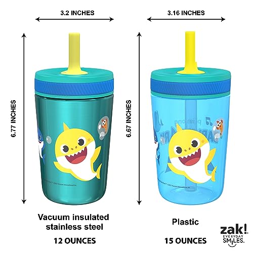 Image of Zak Designs Baby Shark Kelso Tumbler Set, Leak-Proof Screw-On Lid with Straw, Bundle for Kids Includes Plastic and Stainless Steel Cups with Bonus Sipper (3pc Set, Non-BPA) (Pack of 12)