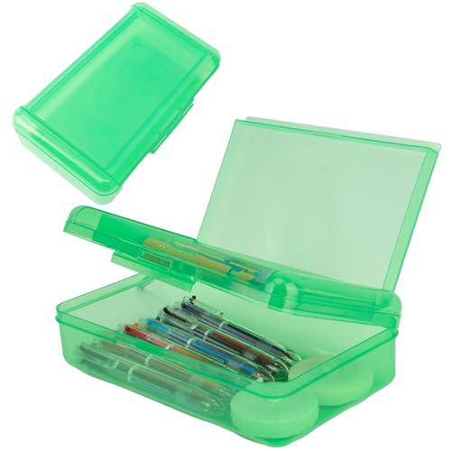 Image of Pencil Case Box, Green Double Layer Large Capacity Plastic Pencil Boxs, Clear Hard Pen Case with Snap-tight Lid,Storage Art Craft Box Marker Organizer for Kids Boys Girls Offices School Supplies