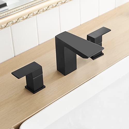 BESy Matte Black Bathroom Faucet 3 Holes Two Handles Lavatory Vanity Sink Faucet Widespread 8 Inch Bathroom Sink Faucet, Waterfall Bathroom Sink Faucet With Supply Hoses, Basin Brass Faucet Mixer Taps