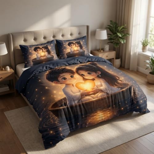 Image of 7D Printed King Size Bedsheet with 2 Pillowcases, Heart, 228x228cm