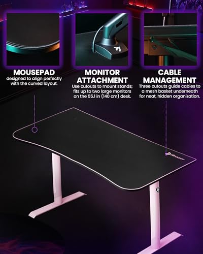Image of Arozzi Arena Medium Gamer Desk - 55x30 inch Steel Frame PC Gaming Desk with Storage for Cables & Dual-Monitor Support - Full-Surface Washable Mousepad - Pink