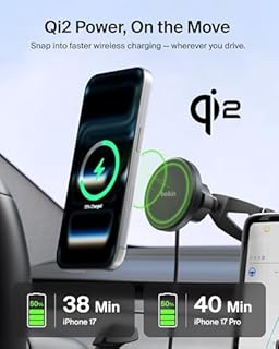 Belkin Wireless Car Charger, Magnetic Wireless Phone Mount for EV w/ 1M USB C Cable, Qi2 MagSafe Compatible Fast Charging for iPhone 17, Galaxy S25, Pixel 10, & More - Travel Accessories - Black