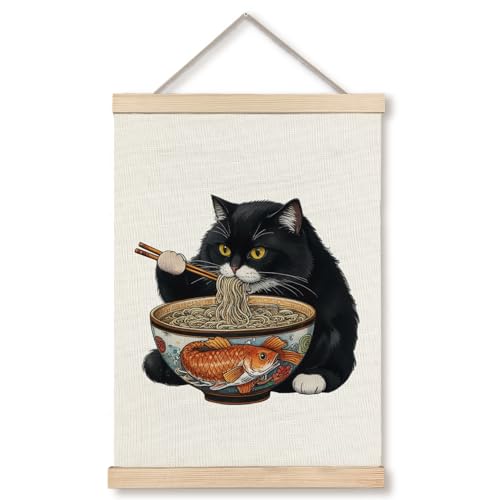 GDJIEGBC Funny Ramen Noodle Black Cat Poster Wall Art Framed,Vintage Japanese Cats Canvas Prints Wall Decor for Home Kitchen Dining Room Decor, 12x16 Inch