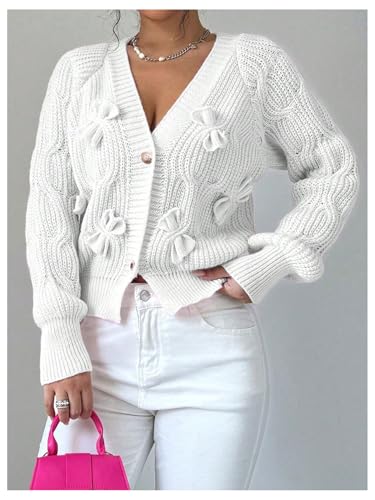 Image of Verdusa Womens Bow Cardigan Long Sleeve Chunky Sweater Outerwear Fall Cardigans Trendy White Small