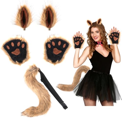 Kinsinder 5 peças fatos de role, fatos de cauda de orelha animal Fox Wolf fatos cauda orelha animal, fatos festa Natal Halloween orelha lobo raposa fatos brinquedos para adultos (castanho)