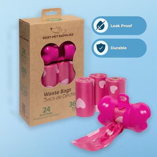 Image of Best Pet Supplies Dog Poop Bags for Waste Refuse Cleanup, Doggy Roll Replacements for Outdoor Puppy Walking and Travel, Leak Proof and Tear Resistant, Thick Plastic - Pink Heart, 360 Bags