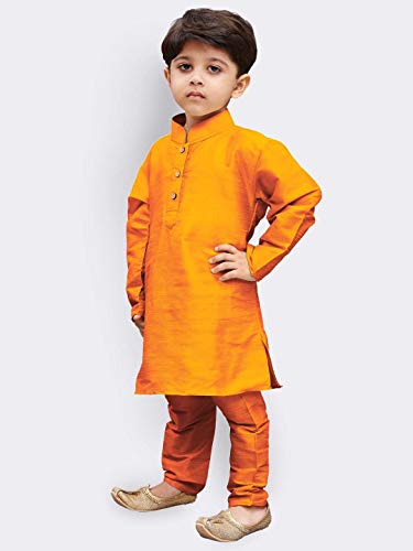 Image of VASTRAMAY Boys' Saffron Silk Blend Kurta Pyjama Set with Muslim Prayer Cap & Full-Length Slip-On Pyjama with Elastic Waistband - Ethnic Wear for Eid