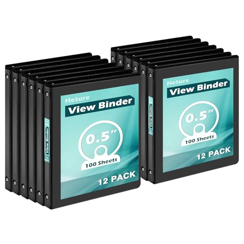 Heture 3 Ring Binder 0.5 Inch 12 Pack 0.5 Clear View Round Ring Binders PVC-Free Holds for 100 Sheets 8.5x 11 US Letter Size Paper 1/2 in Durable Black Binders for Office School and Home.