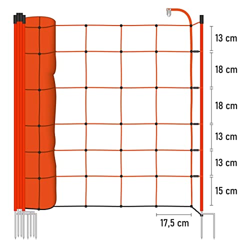 VOSS.farming Schafnetz Elektronetz 50m 2 Spitzen 90cm 13 Pfähle Orange Schafzaun Elektrozaun Weidezaun
