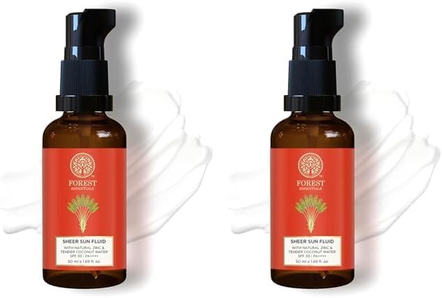 Forest Essentials Sun Fluid Sunscreen | SPF 50PA ++ | With Natural Zinc & Hyaluronic Acid | No White Cast, Lightweight | With Vitamin C | Protects from UVA/UVB Rays | for Oily, Dry, & Combination Skin