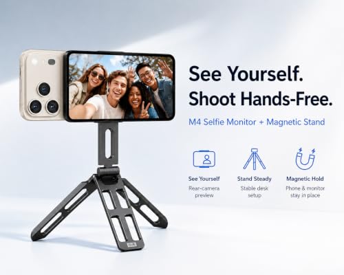 Image of Moman Creator Selfie Monitor Kit with Magnetic Desktop Stand for iPhone | Rear-camera preview creator kit with dual-sided magnetic desk stand for live streams, cooking demos, selfies and vlogs