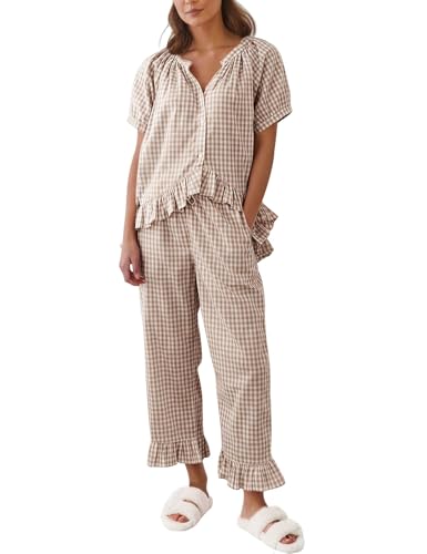 Image of Gihuo Gingham Pajama Set for Women 2 Piece Plaid Cotton Button Down Top and Pants Ruffle Babydoll Pjs Lounge Sets