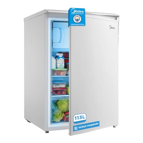 Midea Nevera pequeña 113L con Congelador - Mini frigorífico pequeño para la Habitación/Caravana/Camping - Mini Bar Bajo Consumo - Frigorifico Bajo Encimera Silencioso 39dB + Congelador -16º/-24º