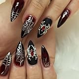 24Pcs Goth Almond Press on Nails Halloween Fake Nails Red Black False Nail with Spider Web & 3D Spider Design Acrylic Goth Nails Press ons Medium Holiday Stick on Nails for Women Spider Nail