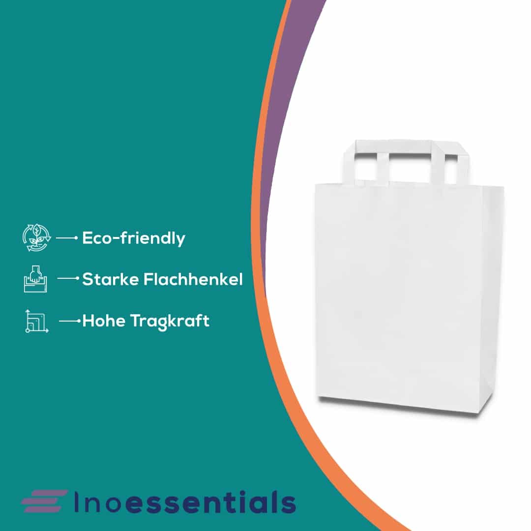 Inoverse Lot de 250 Sacs en Papier Kraft avec Anses, 22 x 10 x 28 cm, Grands Sacs en Papier Recyclables et Résistants pour Courses, pour Le Shopping, Boutiques et Cadeaux, Blanc