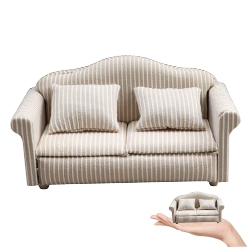 Canapé double de maison de poupée avec chaise miniature à rayures beiges - 3