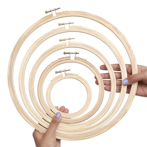 Image of Embroiderymaterial Round Wooden Embroidery Hoop Frame with with Brass Metal Screw Combo of 5 Sizes (4Inch, 6Inch, 8Inch, 10Inch, 12Inch)