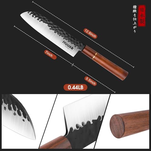 Huusk Japan Knife, 7 Inch Santoku Kitchen Knife, Professional Japanese Chefs Knives Hand Forged High Carbon Steel Sharp Chopping Knives, Ergonomic Rosewood Handle, for Meat, Fish, Christmas Gifts