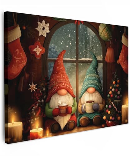MuchoWow© Quadro Su Tela 70x50 cm Grandi Dimensioni Quadri Moderni Soggiorno Stampa Di Decorazione Regali Natilizie Camera Letto Da Parete Con Cornice Dipinti Gnomi - Natale - Finestra