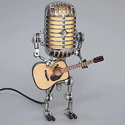 Vintage Microphone Guitar Robot Lamp with Dimmer , Cool Cute Retro Metal Mini Size Night Light Table Lamp Adjustable Brightness for Bedroom Desk Home Decor (Microphone Robot Lamp)
