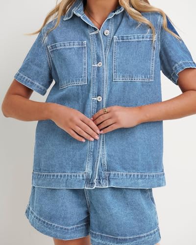 Image of Kedera Summer Denim Set for Women 2 piece Casual Short Sleeve Boxy Shirt Tops and Shorts Pants Lounge Sets Outfits