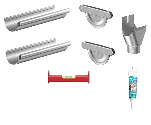 Dachrinnen Set NW 80 verzinkt, 2 Dachrinnen, 2 Endstücke, 1 Ablaufstutzen, Kleber, Schnurwasserwaage